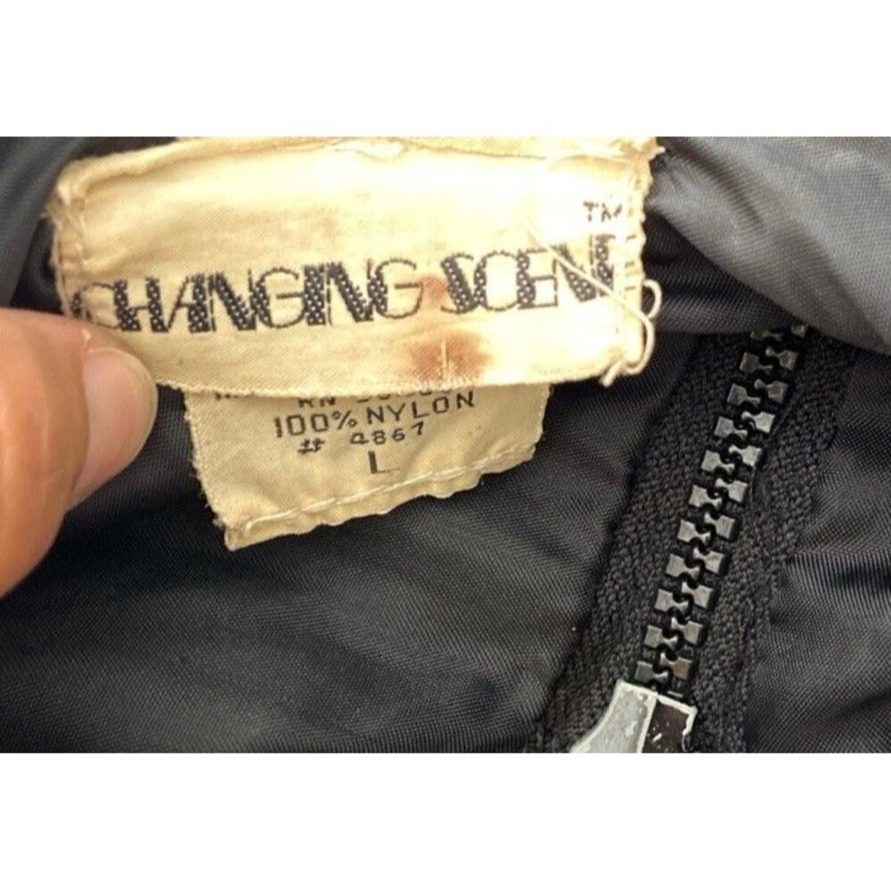 Vintage Changing Scene Unisex Black Nylon Bomber Jacket Size L Ruched 80s - Picture 8 of 10